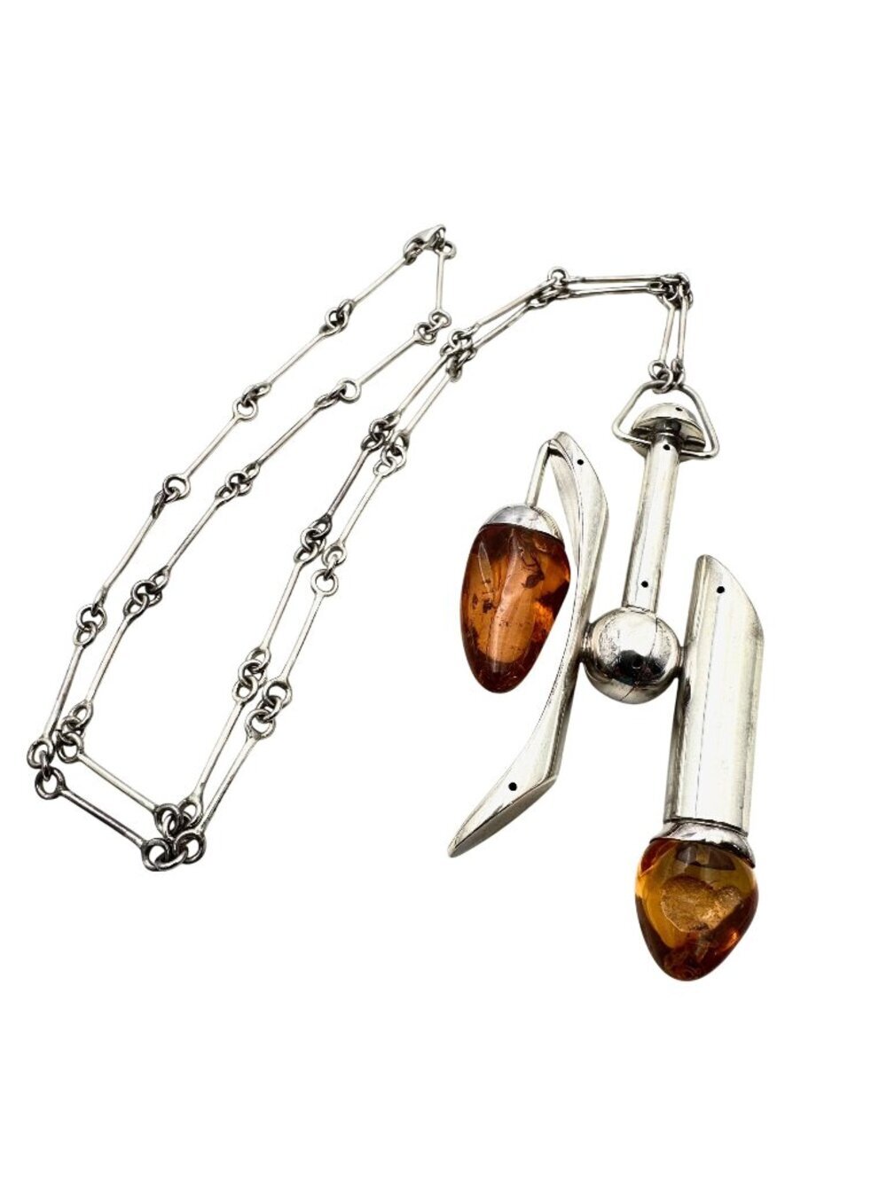 Unusual Rare Vintage Modernist Sterling Silver Amber Necklace 2 Bugs In Amber